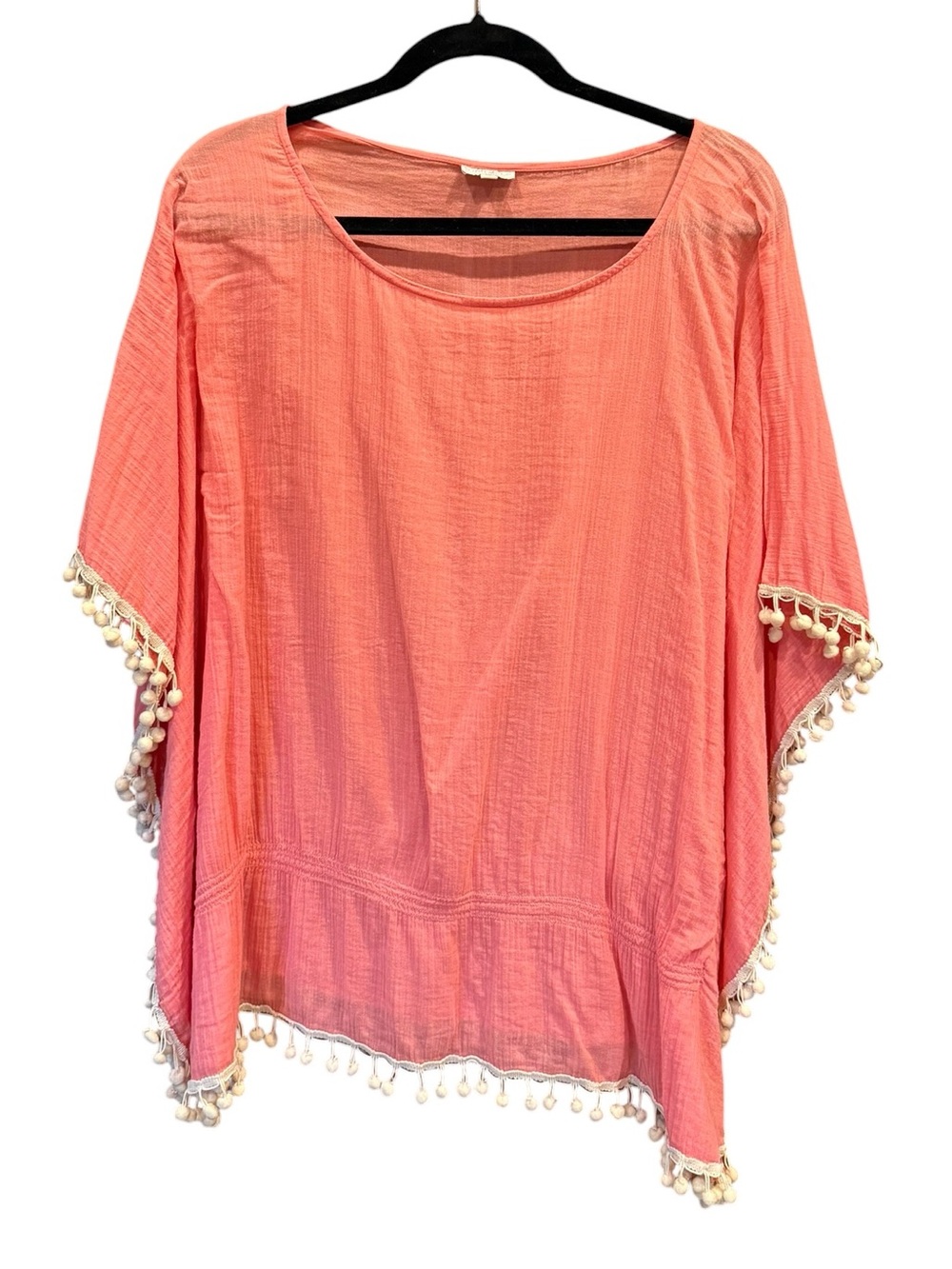 Star Mela 100% Cotton Coral Pom-Pom Trim Gauze Lightweight Poncho Blouse